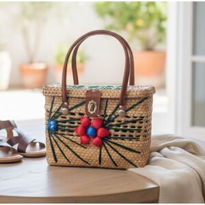 Vintage Mexican Woven Straw Purse Raffia Flowers Leather Straps Basket Box